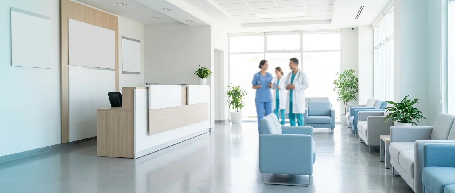 Recepción de una clínica moderna, apoyada por Konsulto+