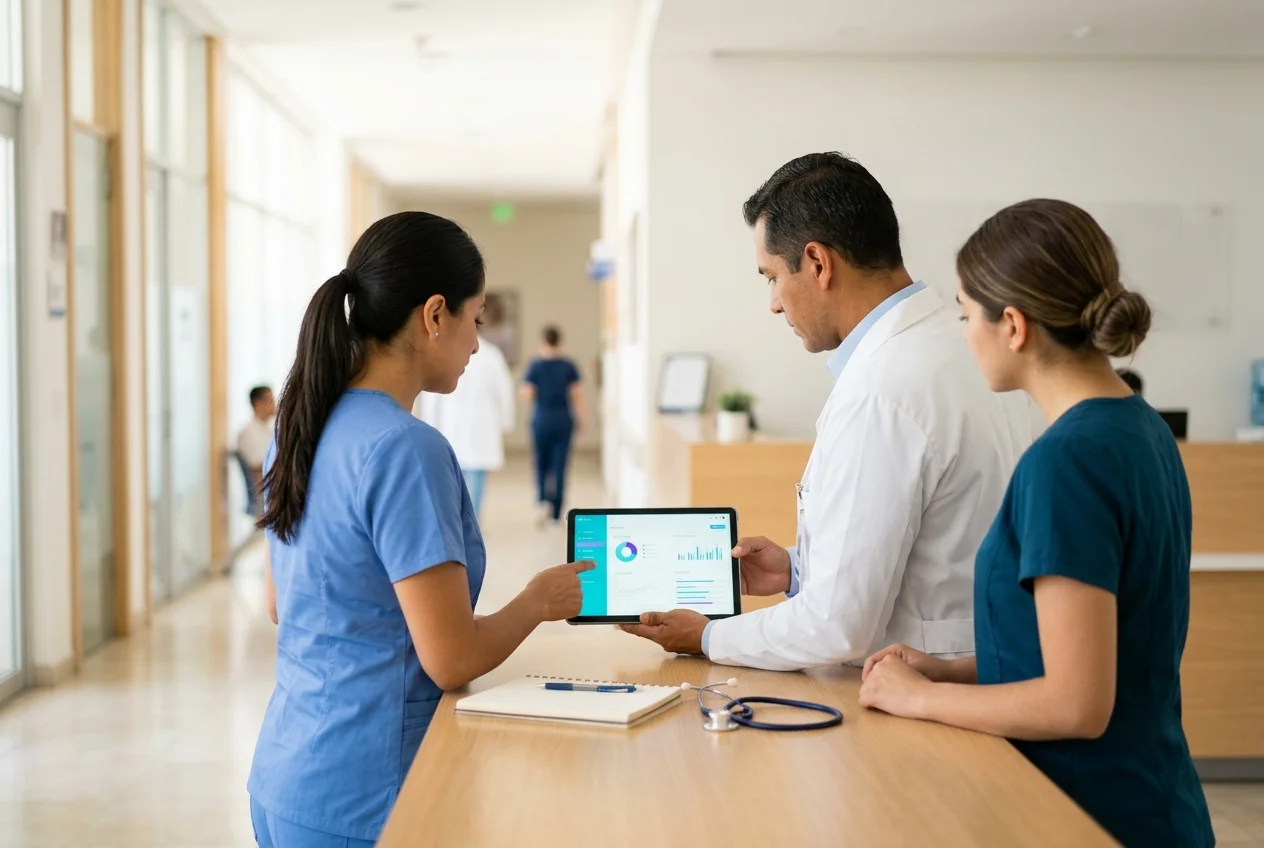 Equipo médico colaborando en una clínica moderna