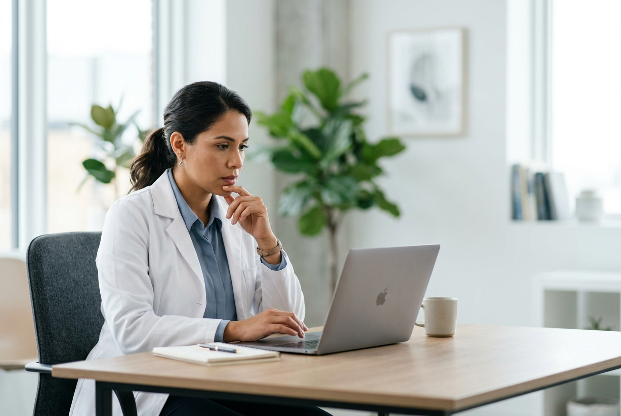Médica revisando los retos de su presencia digital